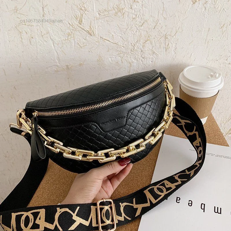 

Thick Chain Bags Women's Fanny Plaid Leather Waist Bag Shoulder Messenger Chest Bags Luxury Designer Handbags Female Belt Bag