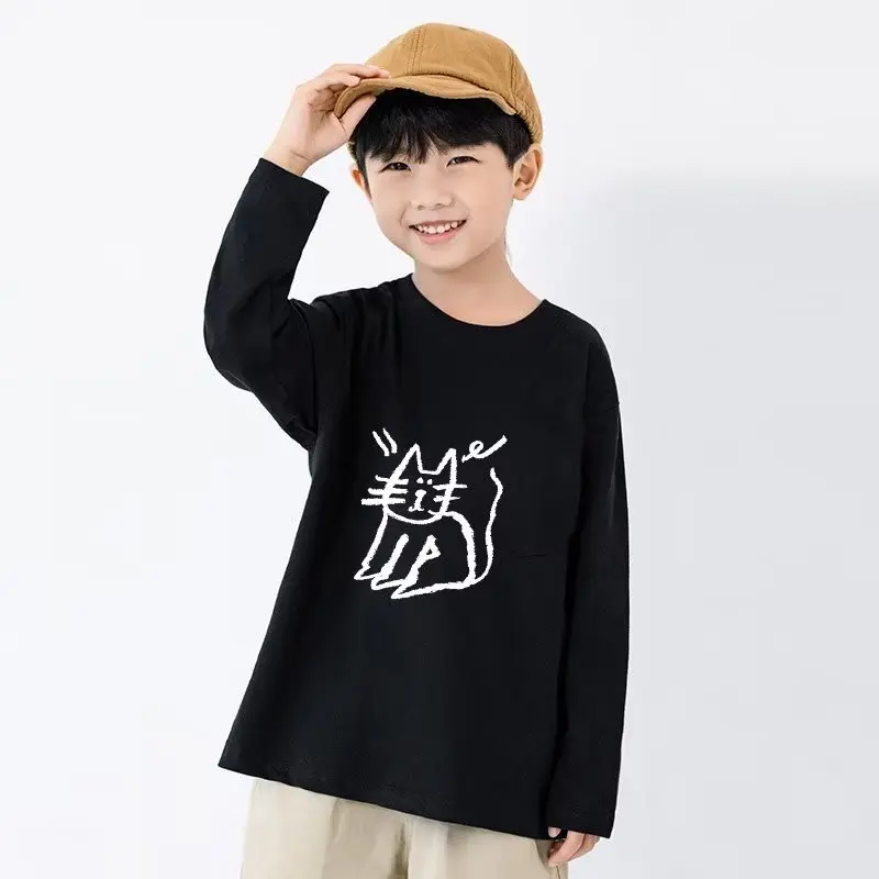 

Children's Autumn Print Graffiti Kitten Creative Painting Pure Cotton Long Sleeved T-shirt Autumn Men's Casual And Versatile