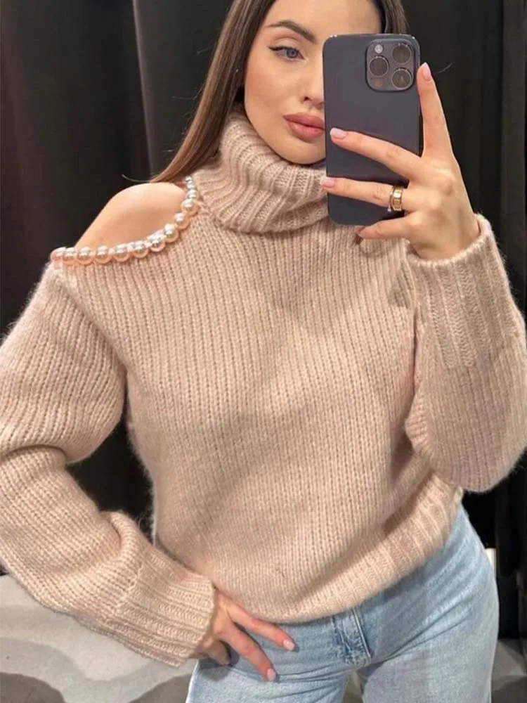 

KLKXMYT TRAF женский свитер с высоким воротником, вязаный свитер с бусинами, Женский Зимний пуловер с длинным рукавом 2023, топ, женские толстые теп...