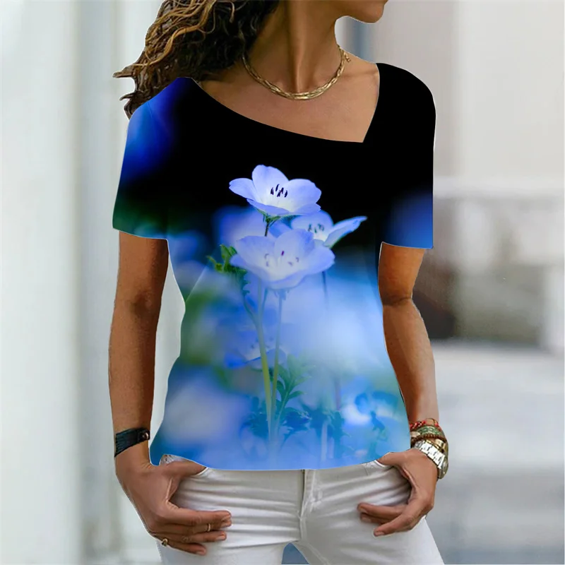 

2022 Женская модная футболка с абстрактным геометрическим рисунком и цветами, базовые Топы с V-образным вырезом, рубашка с 3D фотографией, пуло...