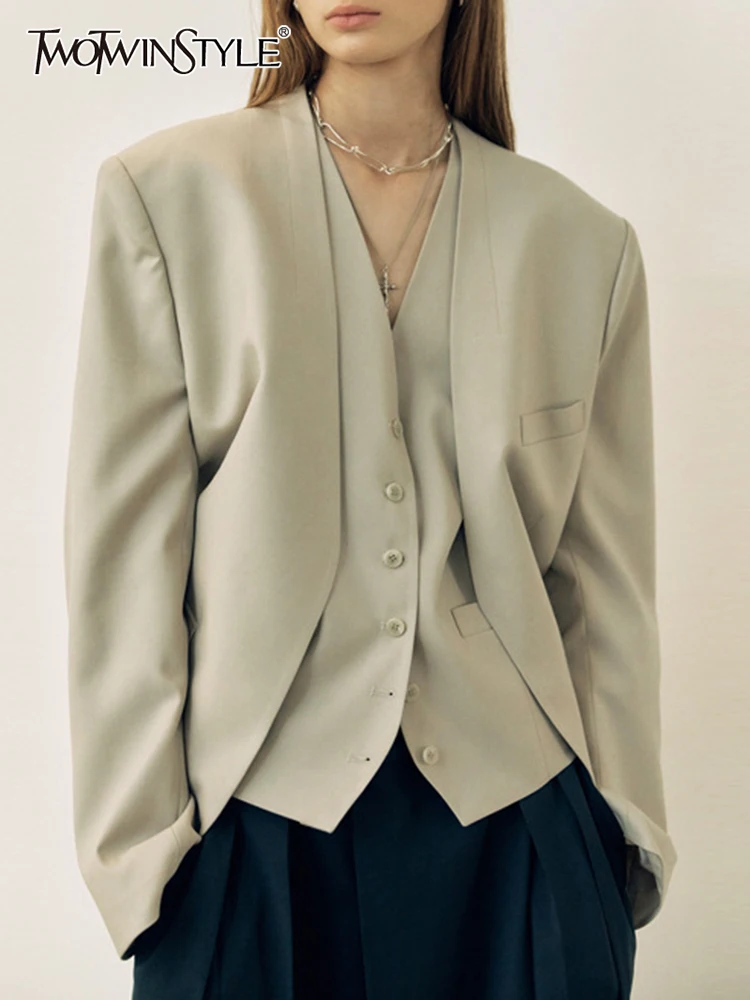 

TWOTWINSTYLE Fashion Solid Two Piece Set Long Sleeve Loose Coat V Neck Sleeveless Vest Casual Sets Female 2022 Autumn Clothing