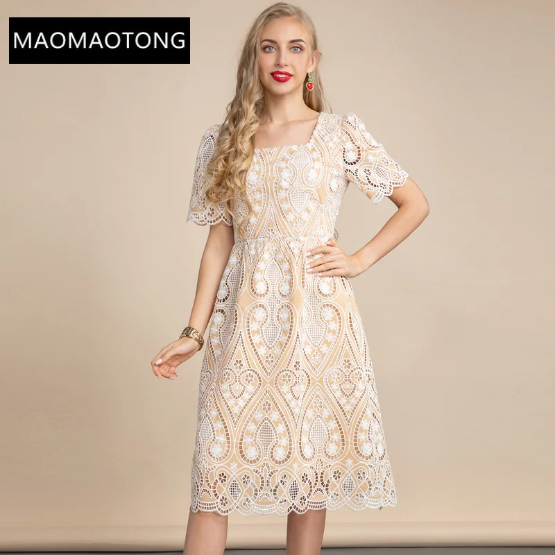 

Designer Summer Fashion Holiday Midi Dresses Women's Solid Square Collar Hollow Out Embroidery A-Line Dress