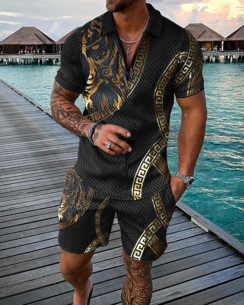 Men Zipper Polo Shirt Tracksuit Suit  Oversized 2 Piece Sets for Men Business Casual Printed High Quality Fashion Outfits Men