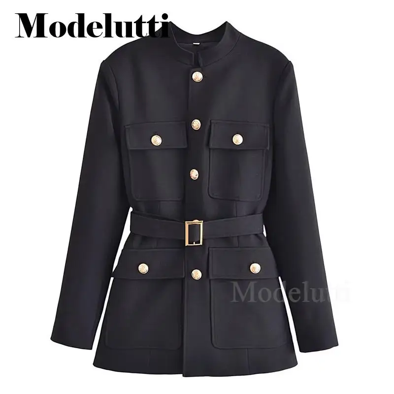 

Modelutti 2023 Autumn Winter Fashion Women New Elegant Stand Neck Blazers Coat Commute Belt Slim Solid Simple Tops Female Chic