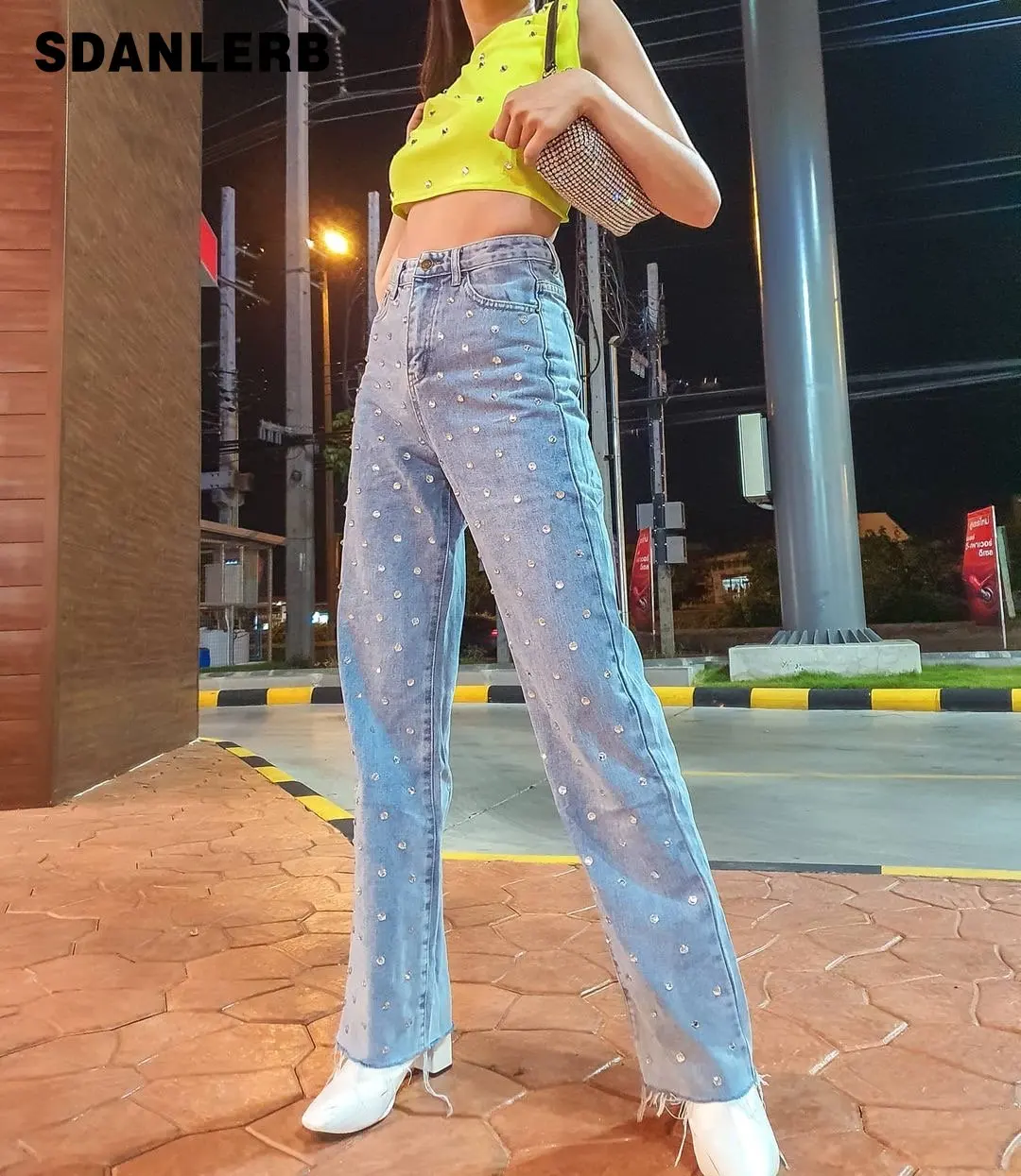 Starry Rhinestone Wide-Leg Jeans Heavy Embroidery Hot Drilling Baggy Denim Pants High Waist Straight Trousers for Women