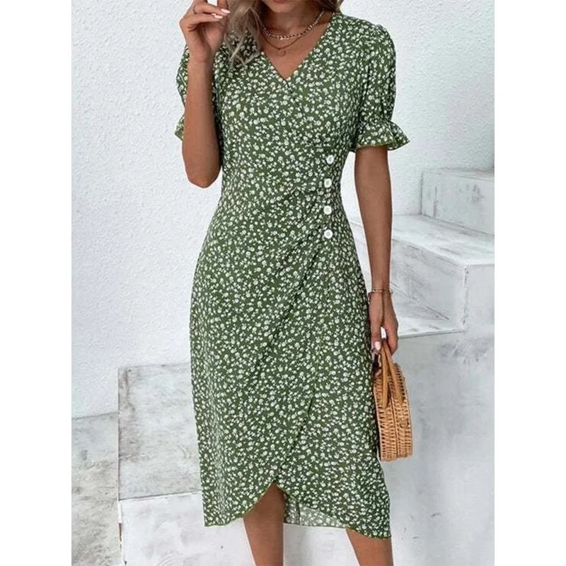 

Elegant Floral Pleated H shaped Midi Dress Female V Neck Puff Sleeve Waist Ruched Button Dresses Women Summer Dress Robe