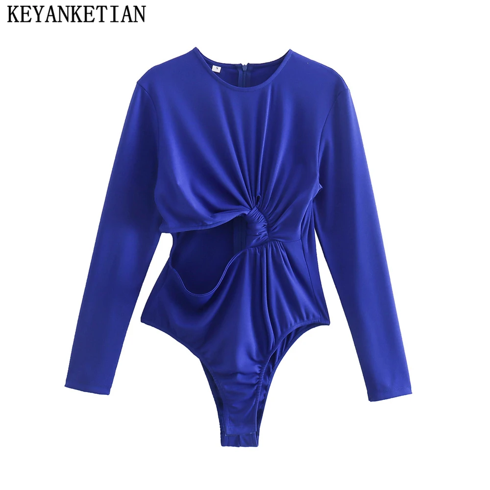 

KEYANKETIAN 2022 New Chic Knotted Cutout Open Waist Design Klein Blue Bodysuit Long Sleeve Jumpsuit Top T-Shirt