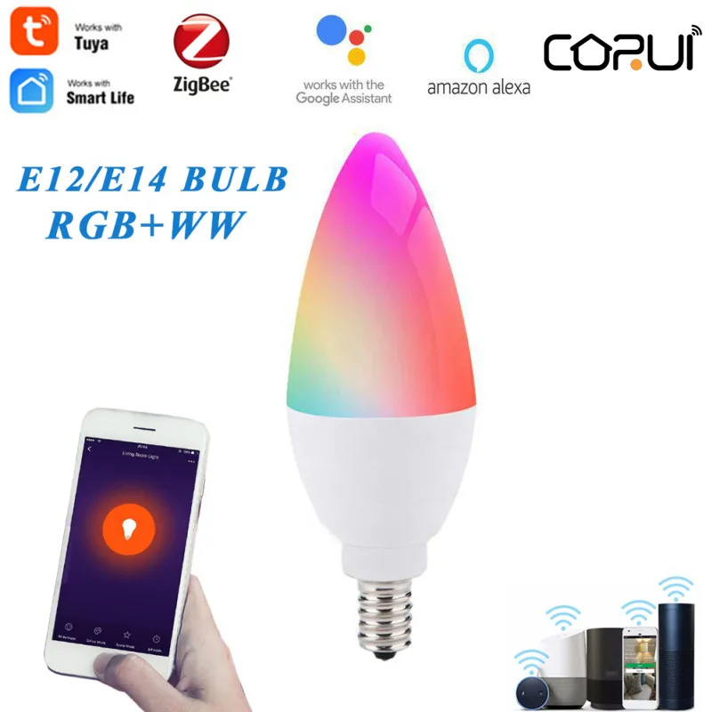 

CORUI Tuya Zigbee 3.0 E12/E14 Smart Candle Bulb 5W RGBCW LED Light Smart Life Remote Control Works with Alexa Google Home