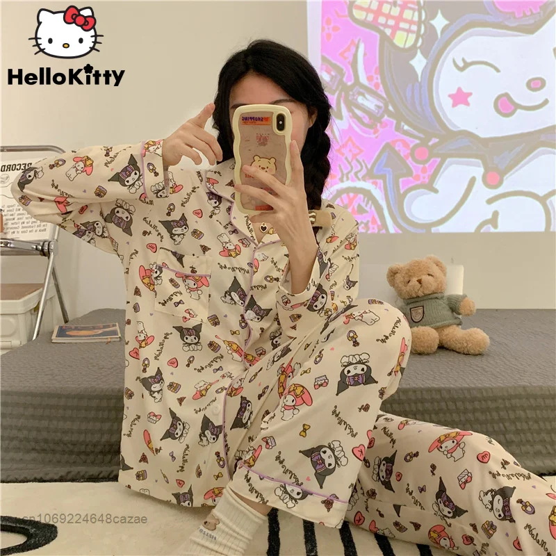 

Sanrio Melody Kuromi Весенняя Домашняя одежда Топ с длинным рукавом рубашки брюки Y2k Милая Корейская Пижама женская одежда для сна комплект из 2 предм...