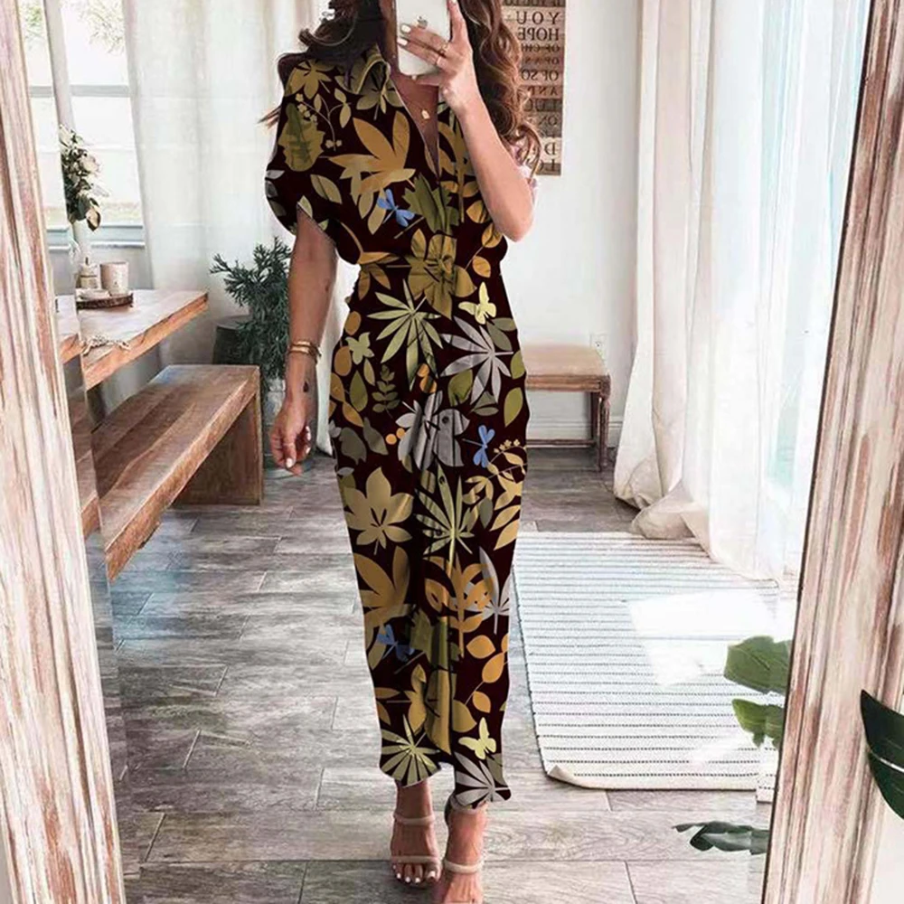 

Summer Sexy Lace Up Floral Dress Dresses For Women 2021 Leaf Print Elegant Button Maxi Dress For Ladies Vestidos Mujer Verano