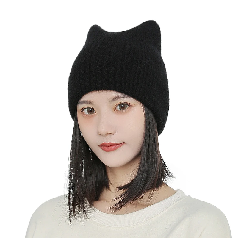 

Women Cute Cat Ear woolen Hat Double-layer Rabbit Fur bonnet Soft pointed Beanie Hat Women Grils winter Warm Knitted skull Cap