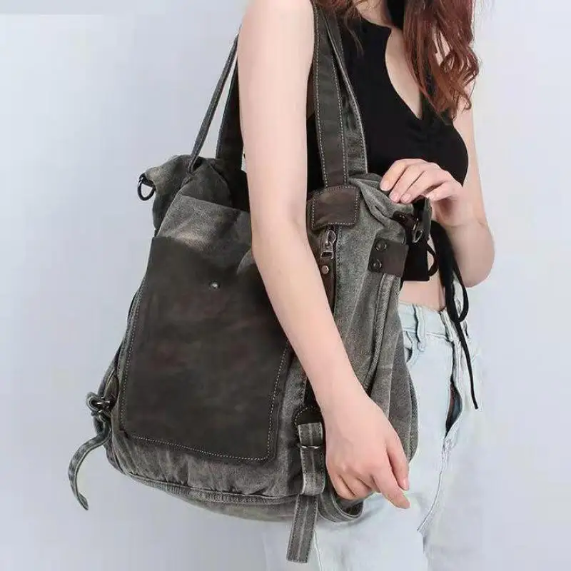 Large Capacity Canvas Womens Bag With Contrasting Color Stitching European And American Large Capacity Fashionable Retro Handbag