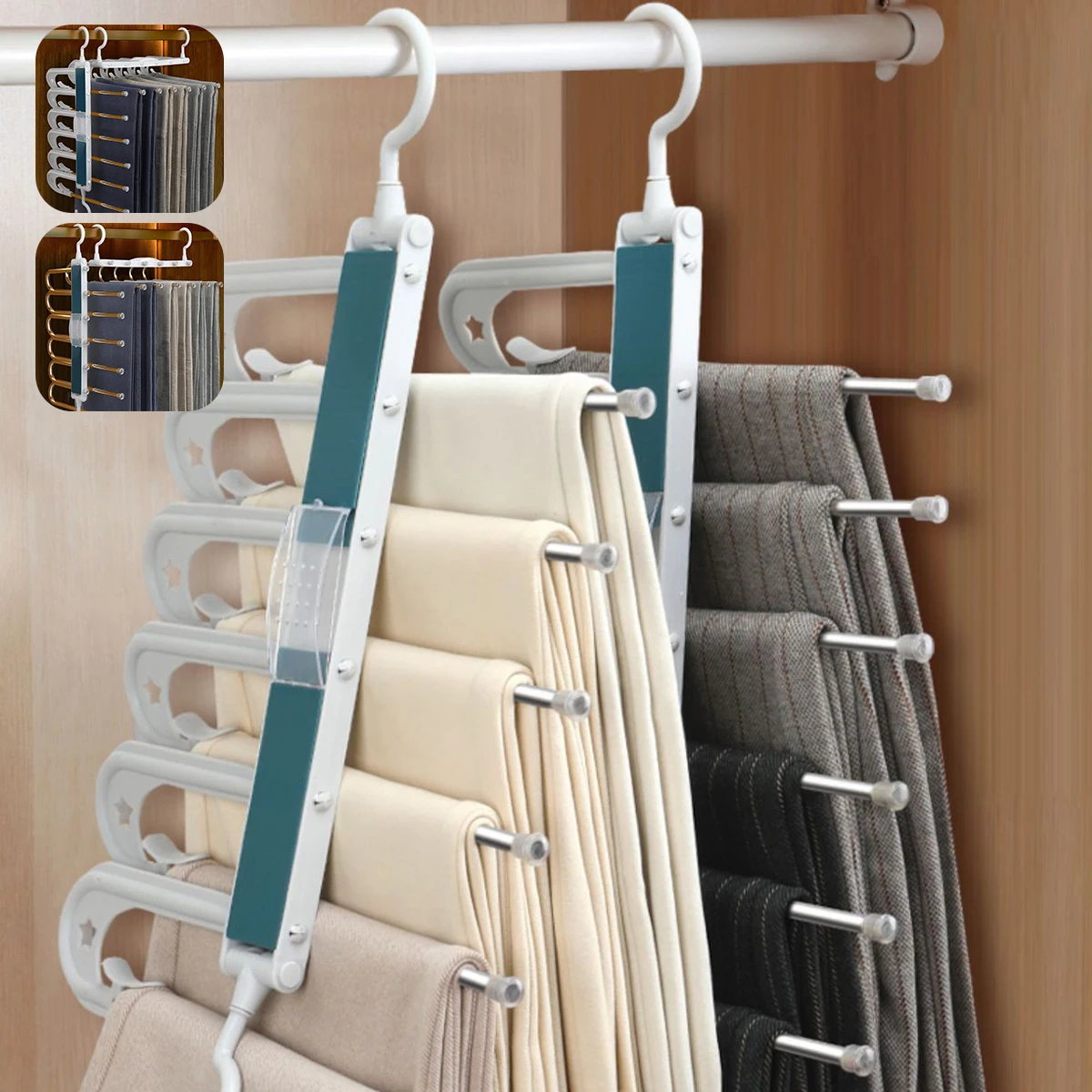 

Pants Hanger Space Saving Pants Racks 5 Layers Foldable Closet Hangers Stainless Steel Trouser Hanger Non-Slip Space Saving