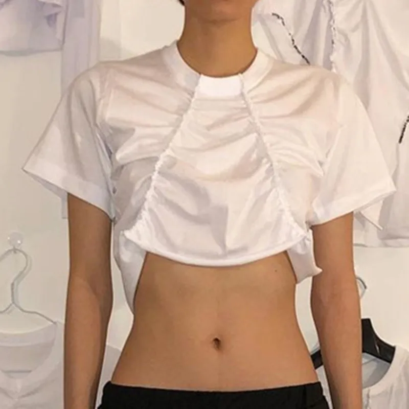 

Fashion Classic Trendy luxury design Pure White Stitched Pleated Irregular Slim Fit Ultra Short T-shirt