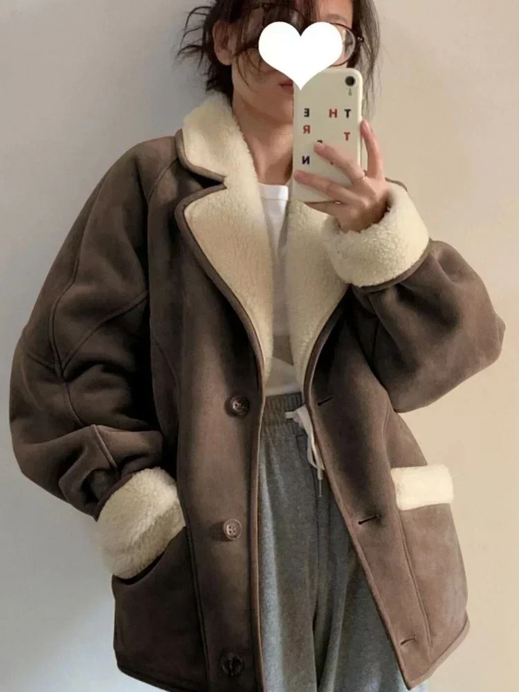 

Модная куртка из овечьей шерсти для женщин, элегантное утепленное пальто с лацканами, новое шикарное замшевое короткое пальто из овечьей шкуры, верхняя одежда