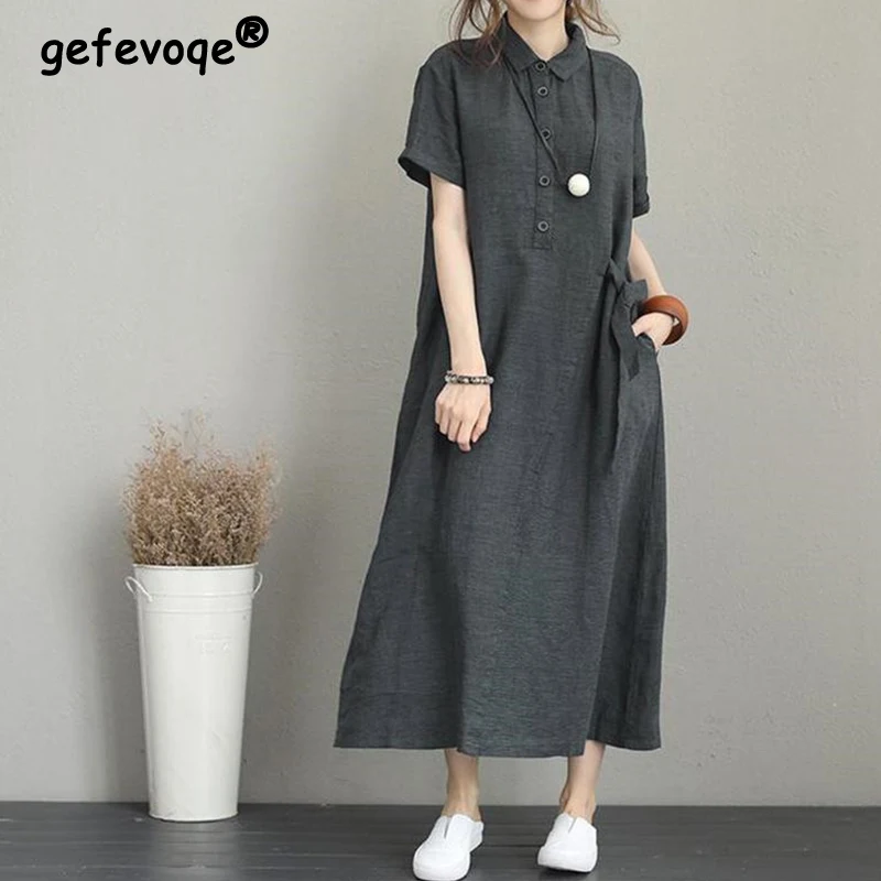 

2022 New Summer Japan Style Cotton Linen Lapel Pockets Loose Casual Vintage Dresses Short Sleeve Oversized Long Dress for Women