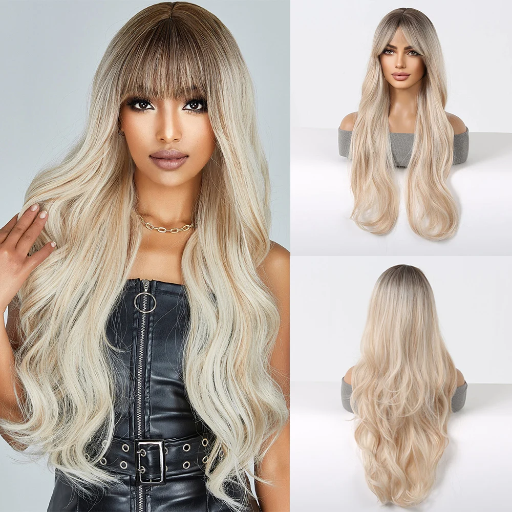 

Long Wavy Synthetic Wigs with Bangs Light Brown Blonde Wigs with Bang for Women Daily Cosplay Party Natural Heat Resistant Fiber