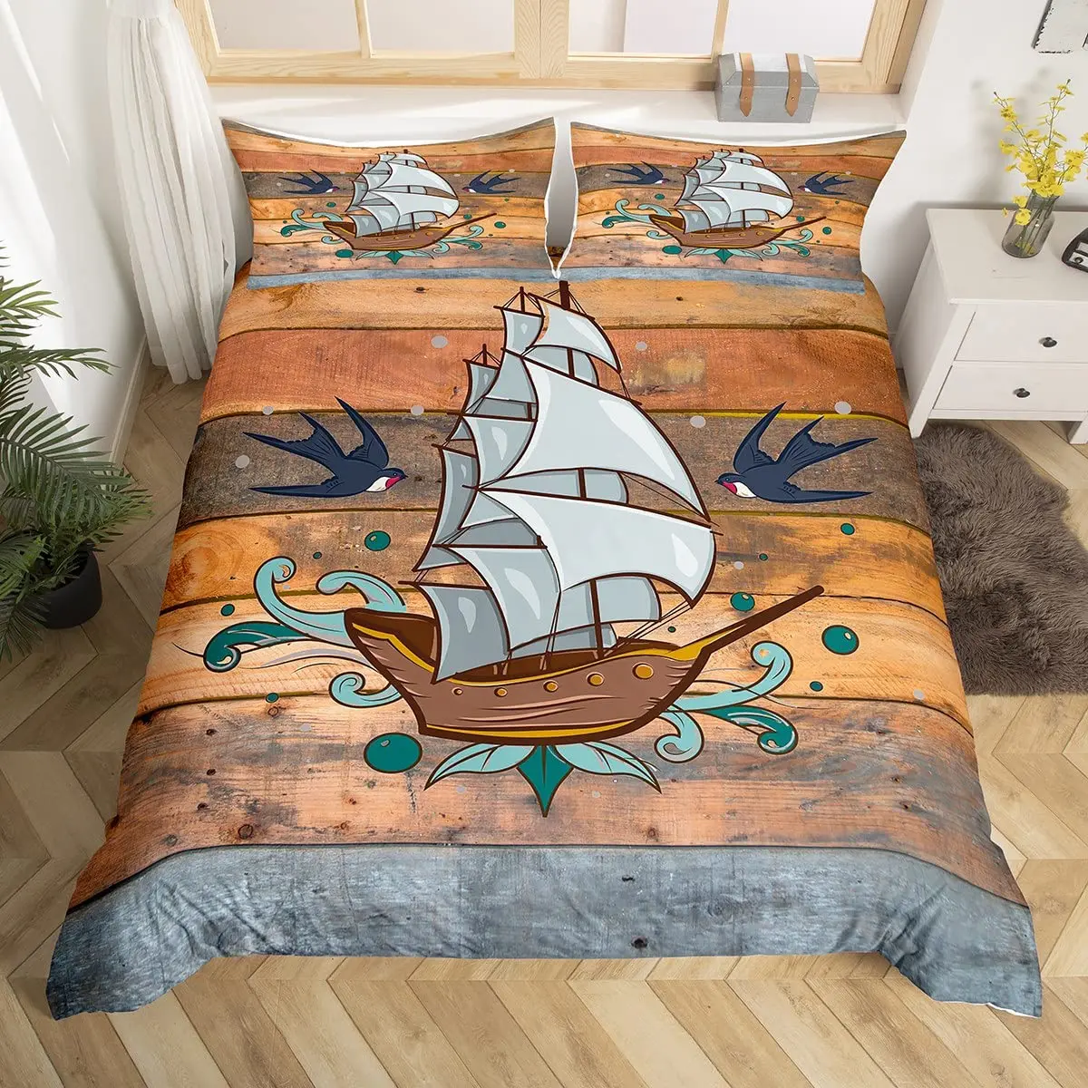 Пододеяльник с парусником Комплект постельного белья в стиле Чайка морской