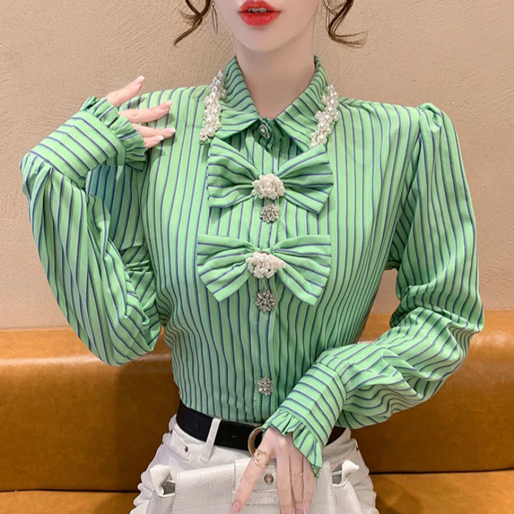 

Fashion Design Bow Rhinestone Buckle Shirt 2022 Spring New Korean Style Loose Slimming Stripes Long Sleeve Casual Blouse Women