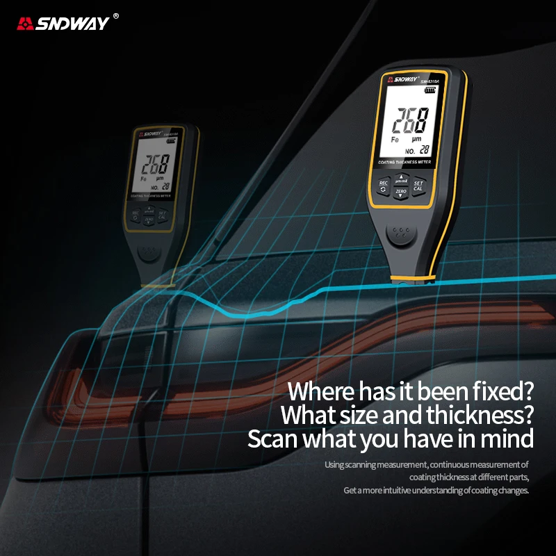 Фото Измеритель толщины покрытия SNDWAY SW-6310A 0-1700 мкм, автоматический двухрежимный (Fe/NFe), с 2-дюймовым экраном, 30 мест для хранения данных, тестер для автомобильной краски и пленок №1