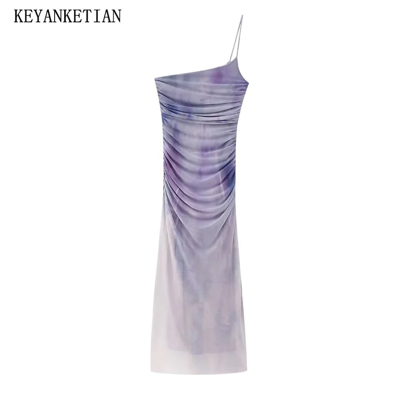 

KEYANKETIAN New Summer Tie-Dye Printed Silk Mesh Slip Dress Women Retro Asymmetrical Diagonal Shoulder Tight Mesh Long Dress