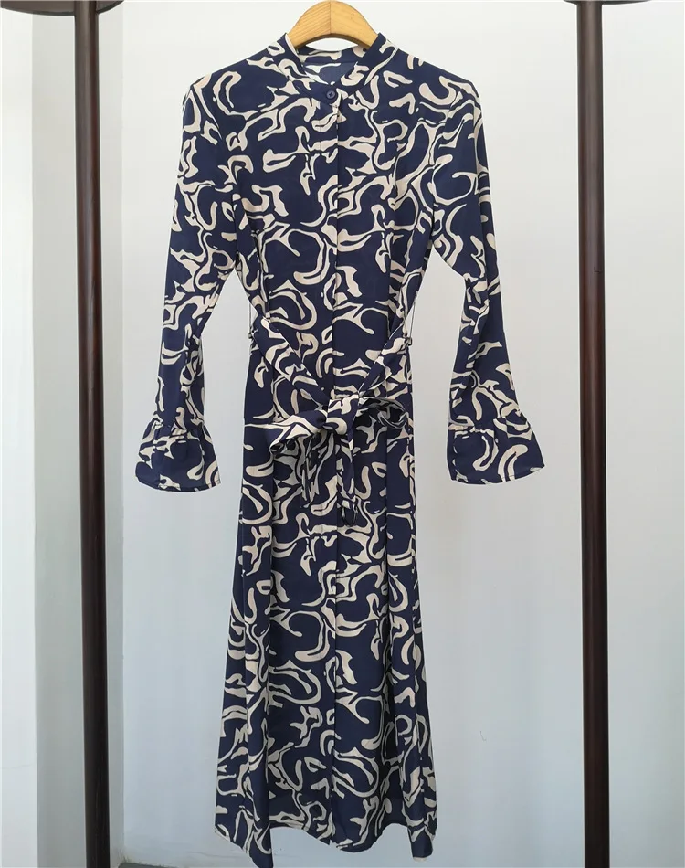 

Women's O-neck Dress Mulberry Silk Navy Blue Printed Long Sleeved Single Breasted Shirt Dress 2023 New Early Autumn