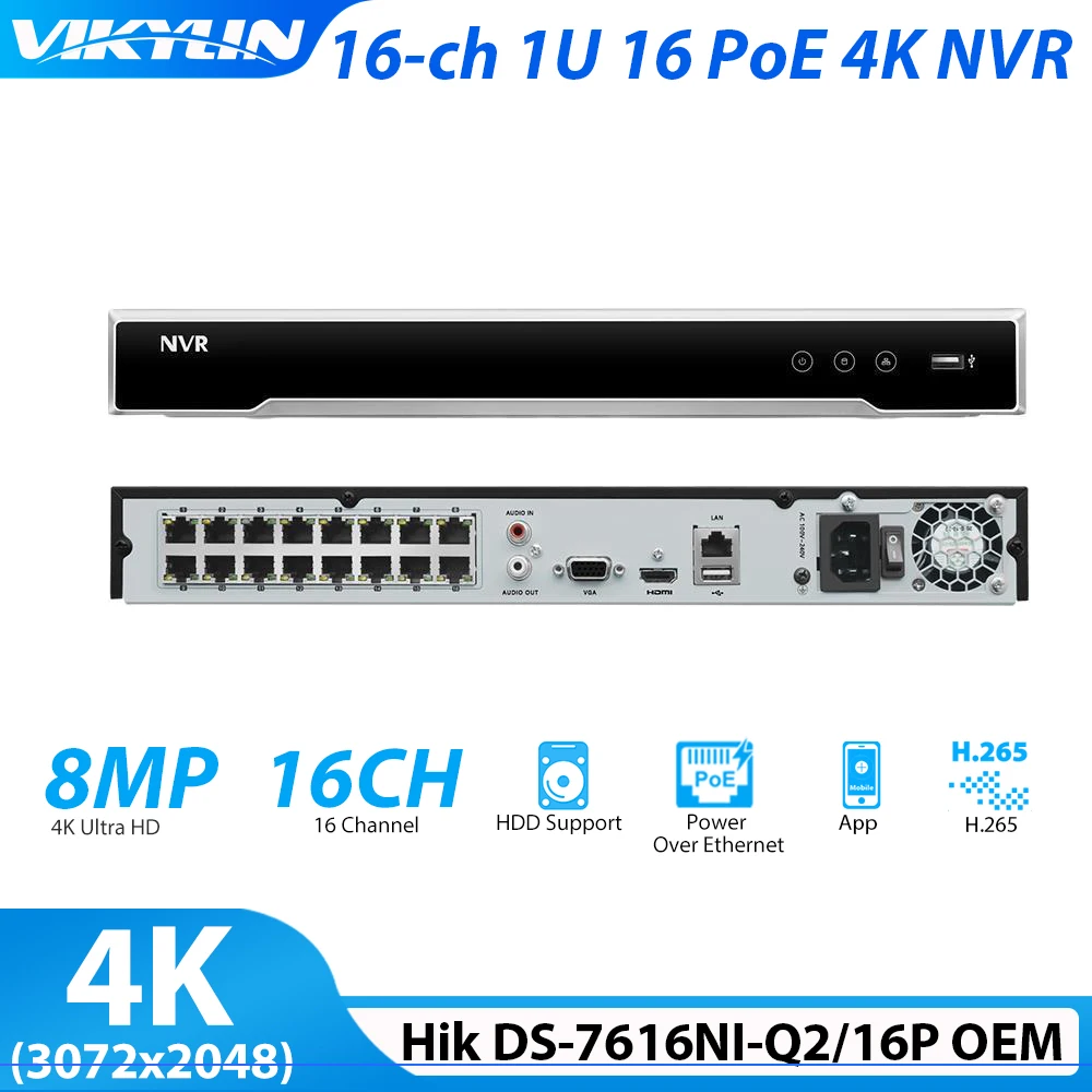 

16CH 16 PoE 4K NVR HIK OEM DS-7616NI-Q2/16P Surveillance Network Video Recorder with HDDs H.265+ smart playback for ip Cameras