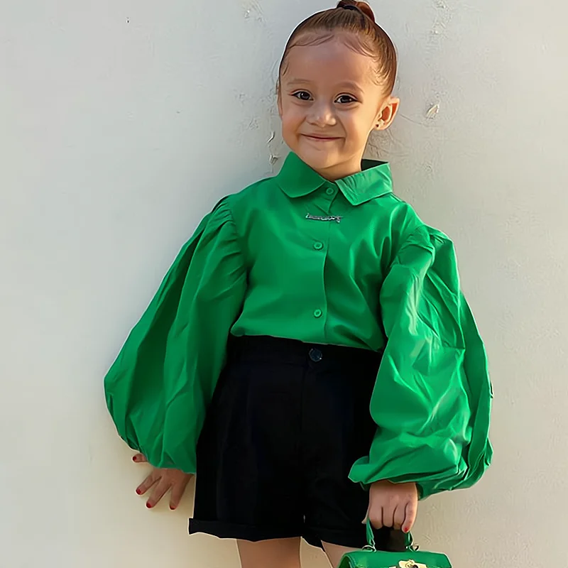 

Autumn Young Children Girls School Clothes Sets 2pcs Long Bishops Sleeve Blouses+Black Shorts Clothing Outfits For Baby Kids 8Y
