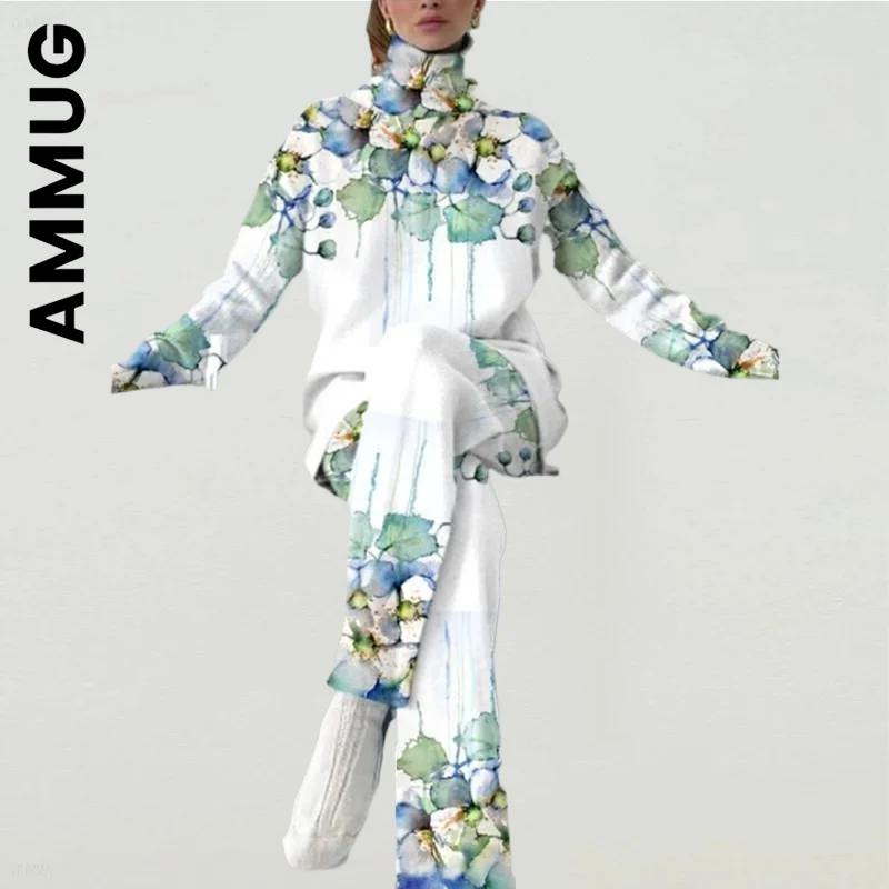 

Ammug Fashion Women SHigh Neck Long Sleeve Print Sweatshirt Pullover Tops And Wide Leg Pants 2 Piece Set Women's Suit Female