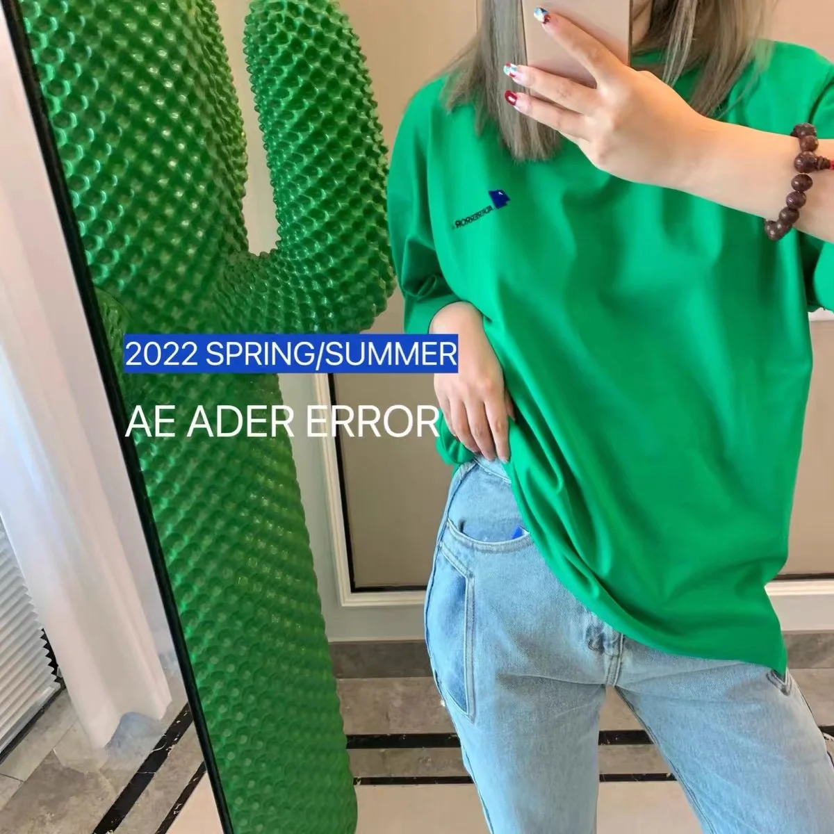 

Ader error T-shirt embroidered logo 100% cotton irregular square neck green summer clothes for women oversized t shirt for men