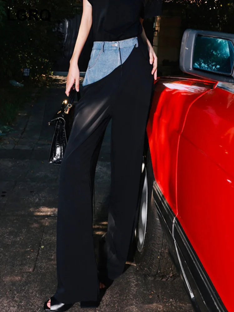 

LGRQ 2023 Fashion Personality Denim Patchwork Niche Design Women's Casual Trousers High Quality Street Girls Pants New 19F1974