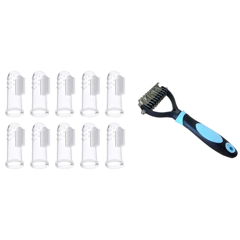 

10 Pcs Soft Silicone Pet Finger Toothbrush & 1 Pcs Hair Removal Comb For Dogs Cat Detangler Fur Trimming