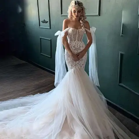 AIXISI Off the Shouler Wedding Dresses Memaid Appliques Lace Vintage Woman Illusion Backless Vestidos De Novia Robe de mariee