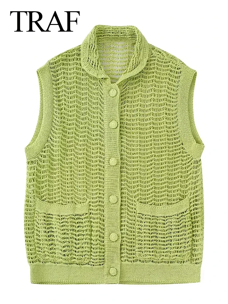 

Трендовый ленивый трикотажный женский жилет TRAF с карманами и вырезом, повседневный Модный Зеленый однобортный женский свитер, жилет