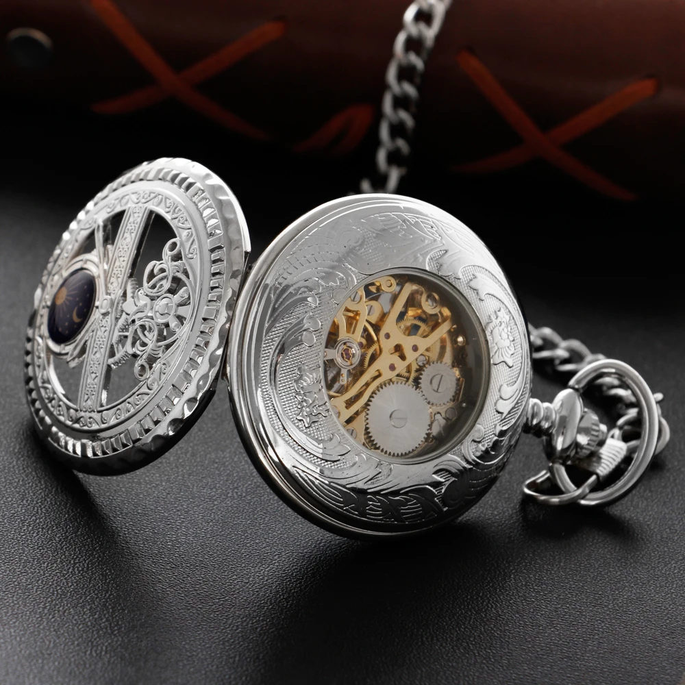 Single-Opening Moon Phase Hollow Skeleton Mechanical Pocket Watch Men's Fob Chain Fake Flywheel Steel Sculpture Women's Gift