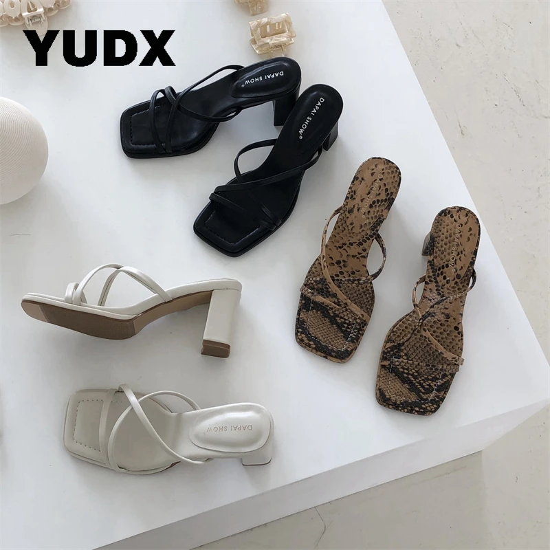 

Туфли-лодочки женские с квадратным носком, узкие шлепанцы со змеиным принтом, Классическая обувь на толстом каблуке, лето 2023