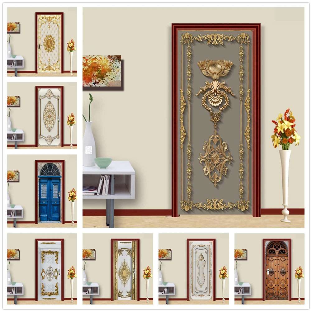 

3D European Door Sticker Carved Flower Relief Decorative Vinyls Wallpaper For Bedroom Bathroom Home Decor Modern Design Vintage