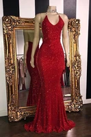 2022 sparkly red sequins prom dresses halter mermaid long prom gowns low back arabic party dress