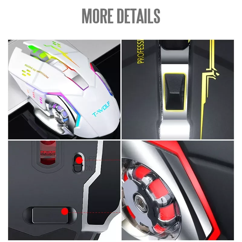 

Gaming Wireless Mouse Rechargeable Silent Cool Breathing Lamp Design Ergonomic Computer Responsive For Laptop PC Macbook Office