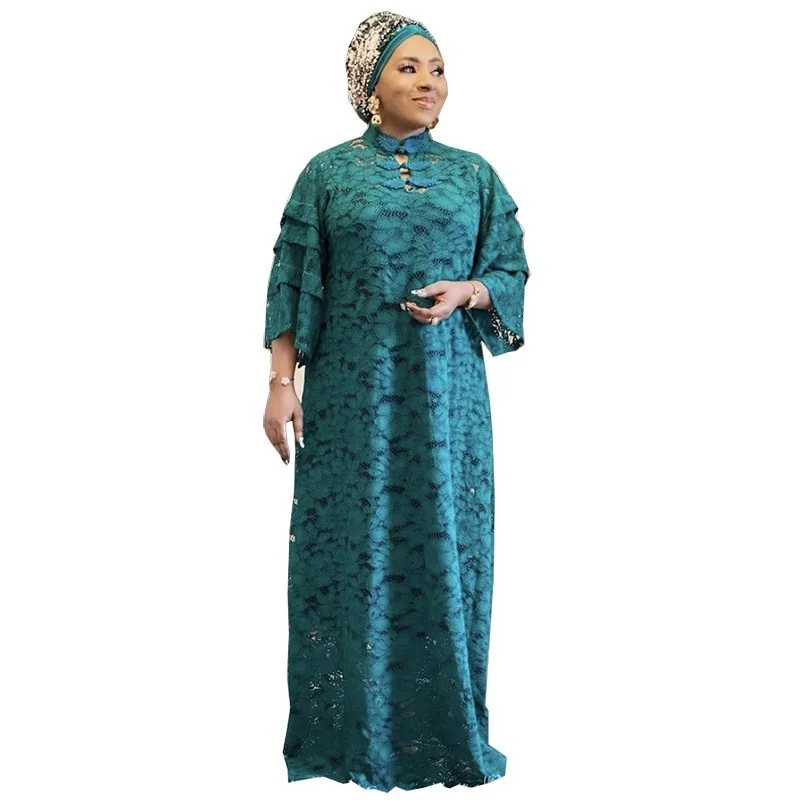 Plus Size Women's Dress Straight Lace Loose Long Dress Flare Sleeves Small Stand Neck Fashion Women's Wear With Hanging Straps