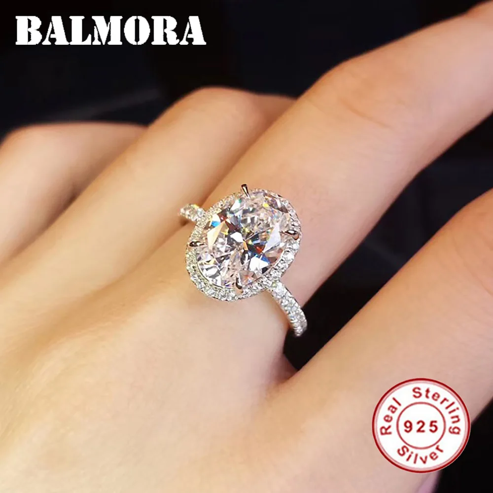 

BALMORA S925 Silver Big Elliptical Zircon Rings For Women Luxury Simple Trendy Romatic Wedding Statement Anillos Jewelry Gift