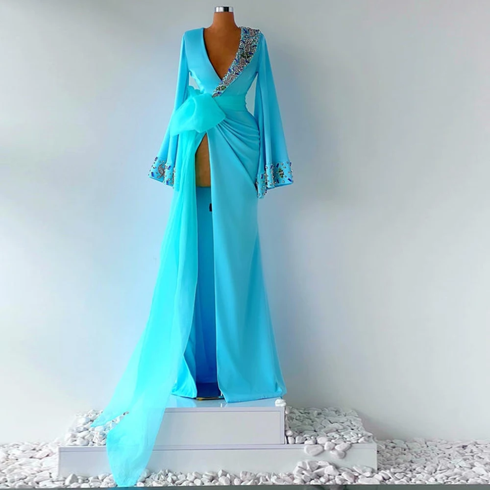 

Lake Blue Evenig Dress Deep V Neck High Slit Sexy Evening Gown Beading Pleat Crystal Diamonds Long Sleeves Mermaid Formal Gown