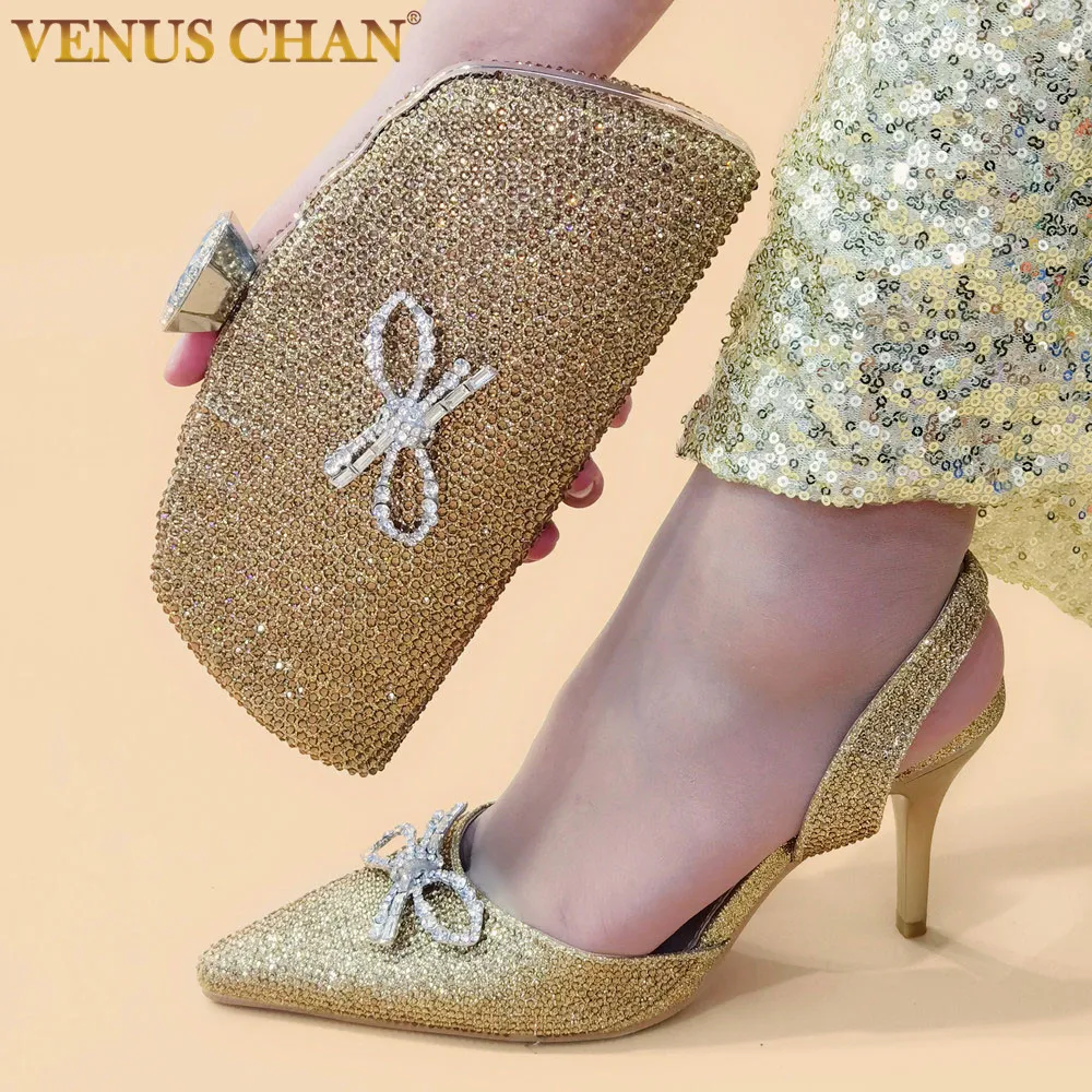 Venus Chan Gold Color Women's High Heels Pointed Toe Wedding Shoes for 2023 Rhinestone Thin Heel Sandal Shoes And Bag Set