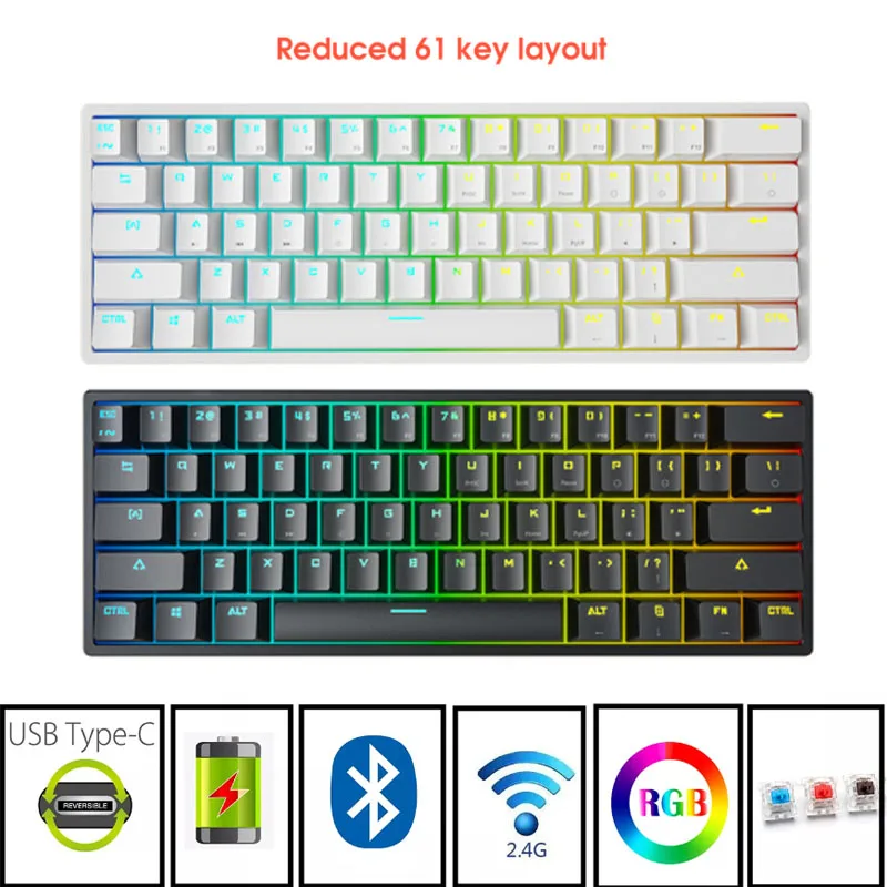 

Новая игровая Механическая Bluetooth клавиатура с синими/красными переключателями, беспроводная клавиатура с Bluetooth, 61 клавиша, синие переключат...