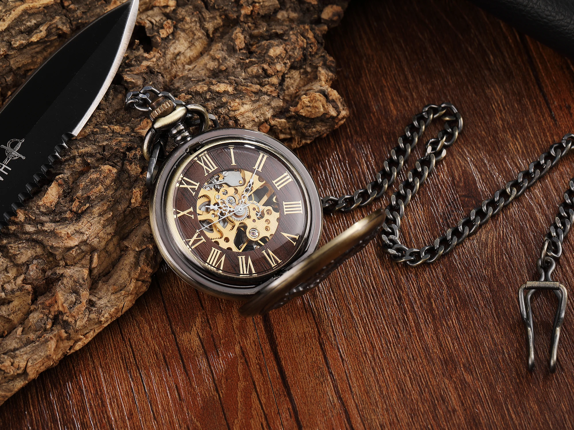 Vintage Retro Pocket Watch Antique Steampunk Roman Numerals Automatic Mechanical Men Watches Necklace Clock Chain Reloj Hombre
