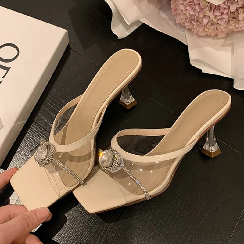 

Sexy Runway Style Glitter Rhinestones Women Transparent Strange High Heels Slippers Crystal Open-toed Satin Summer Sandals Shoes