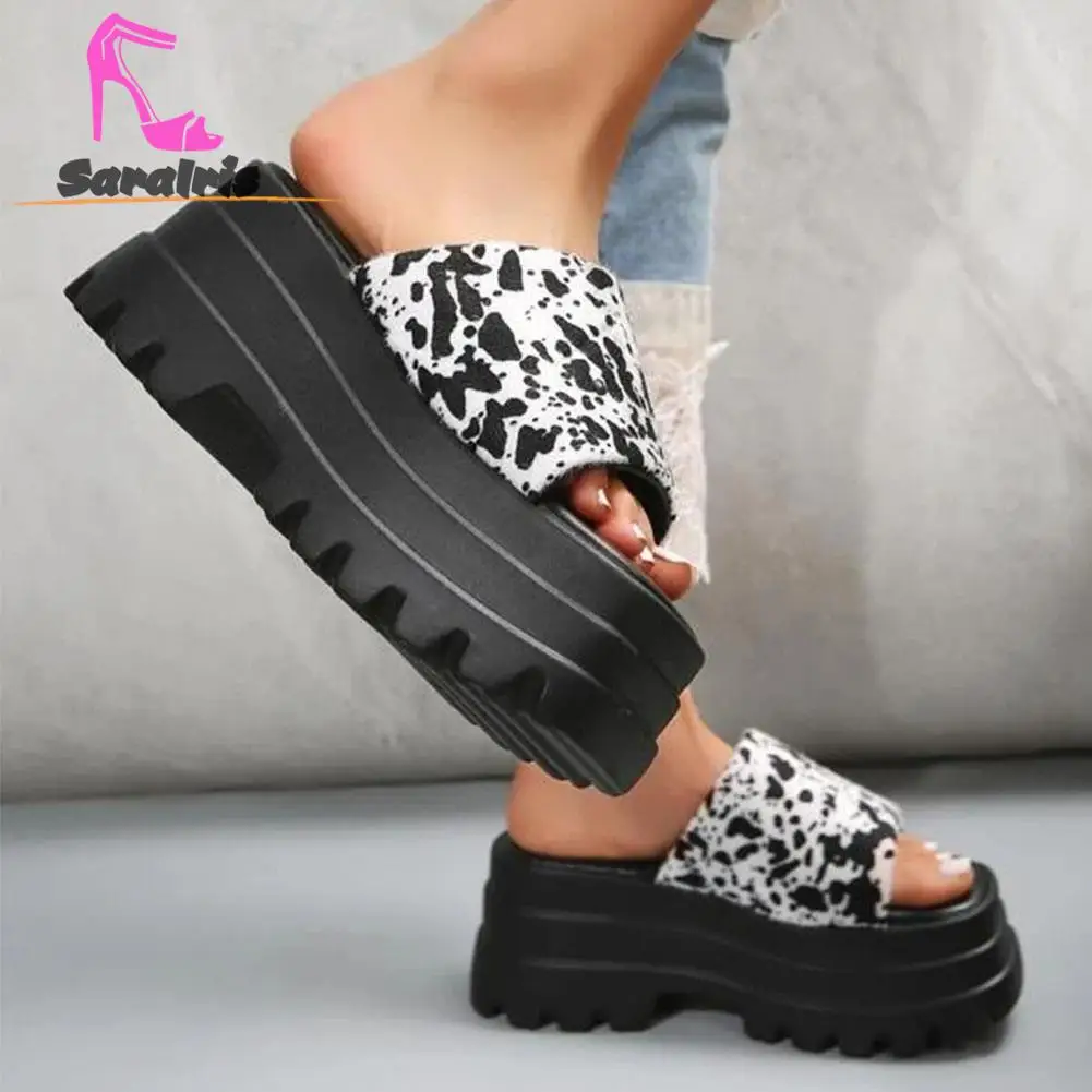 Saralris 2023 Summer Women Splatter Paint Pattern Single Platform Sandals Fashionable Comfort Outdoor Nylon Slide Slipper Shoes