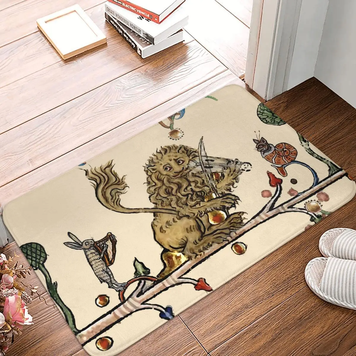 

Ancient Non-slip Doormat WEIRD MEDIEVAL BESTIARY MAKING MUSIC Violinist Lion Hare And Snail Cat Bath Mat Prayer Carpet Flannel