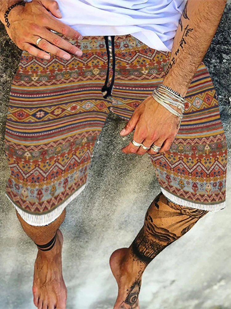 

Summer New Vintage Pattern Printed Shorts Men Casual Beach Shorts Drawstring Design Mid Waist Loose Short Pant Mens Fashion Pant