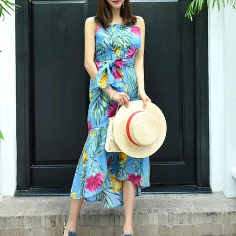 

Женское облегающее платье на бретелях, длинное платье в Корейском стиле с поясом и принтом, летний сезон